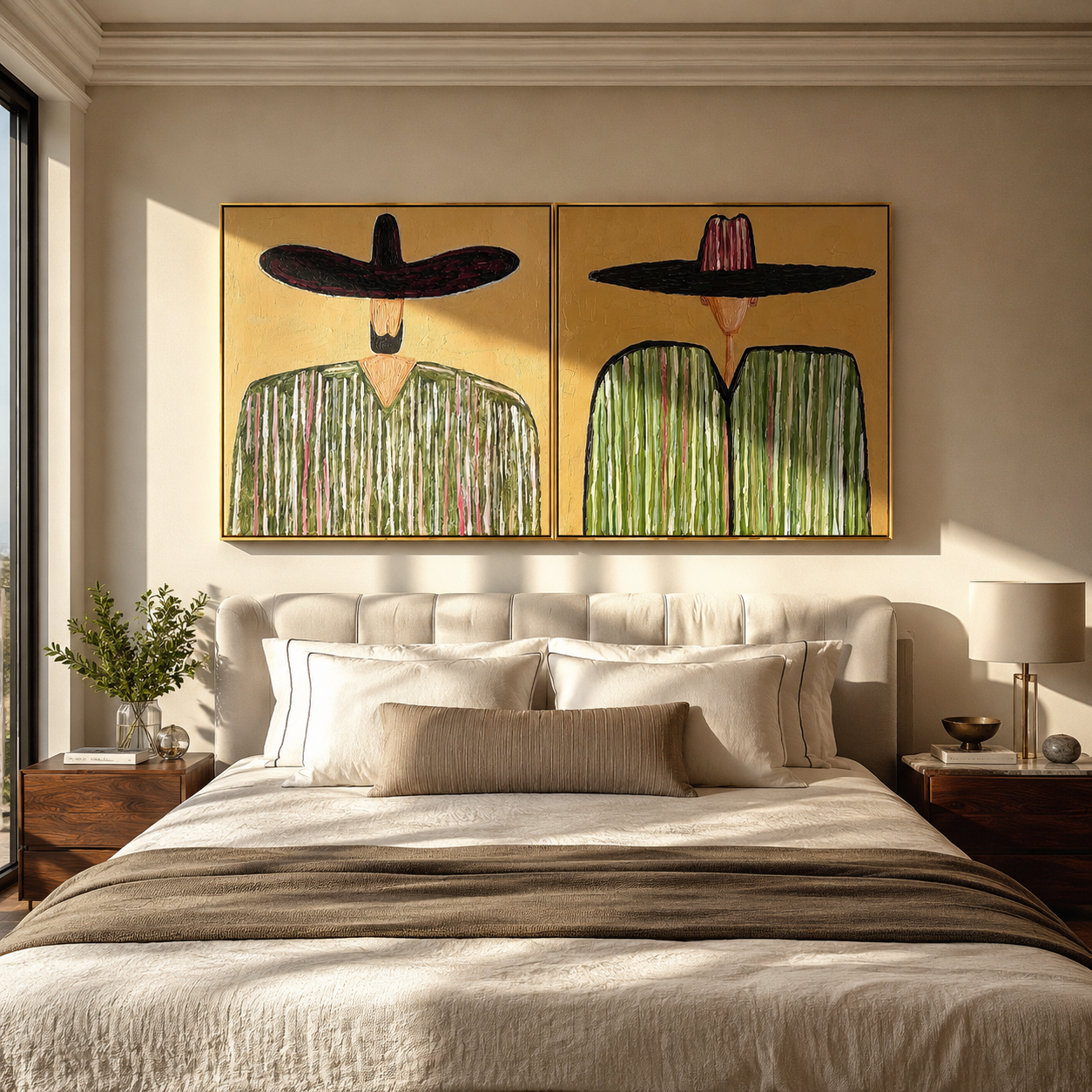 Green Brims Hold Pattern - green sombrero figures by Elliot Vale, modern figurative set of 2 wall art - styled room scene view 4