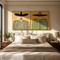 Green Brims Hold Pattern - green sombrero figures by Elliot Vale, modern figurative set of 2 wall art - styled room scene view 4