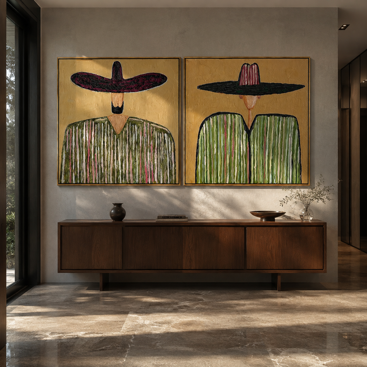 Green Brims Hold Pattern - green sombrero figures by Elliot Vale, modern figurative set of 2 wall art - styled room scene view 5