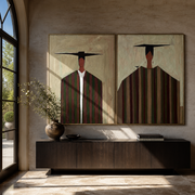 Dark Hats Stretch Lines - elongated cowboy portrait by Elliot Vale, modern figurative set of 2 wall art - styled room scene view 1