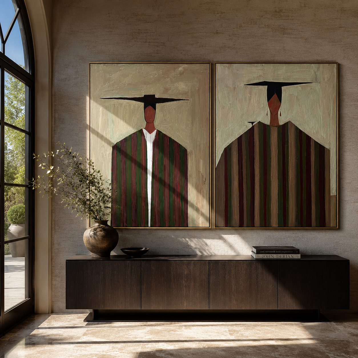 Dark Hats Stretch Lines - elongated cowboy portrait by Elliot Vale, modern figurative set of 2 wall art - styled room scene view 1