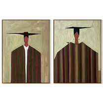 Dark Hats Stretch Lines - elongated cowboy portrait by Elliot Vale, modern figurative set of 2 wall art - complete two-panel artwork set on white background