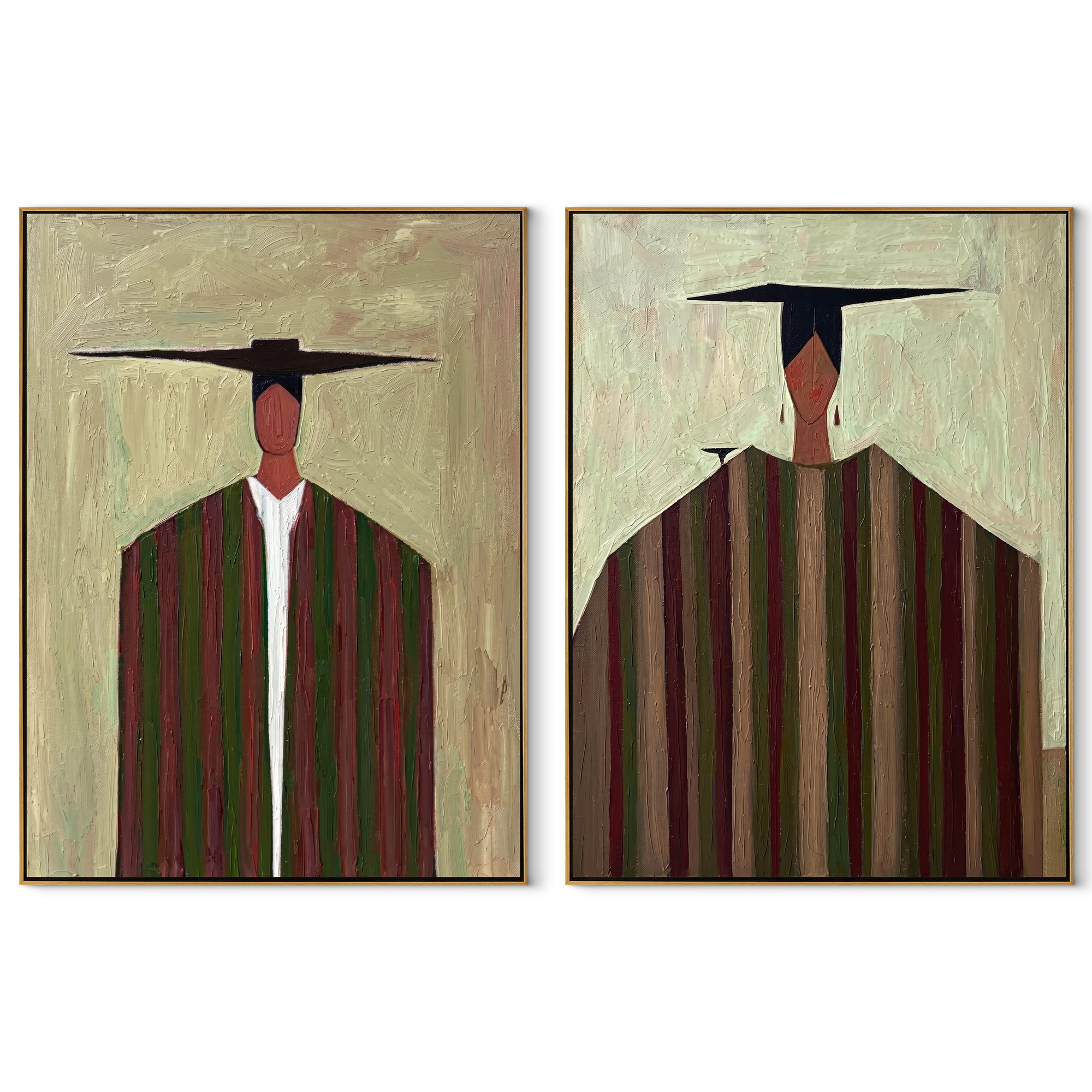 Dark Hats Stretch Lines - elongated cowboy portrait by Elliot Vale, modern figurative set of 2 wall art - complete two-panel artwork set on white background