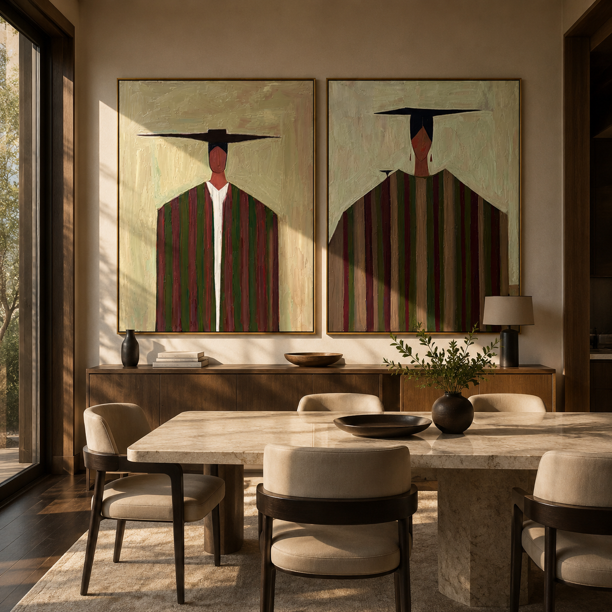 Dark Hats Stretch Lines - elongated cowboy portrait by Elliot Vale, modern figurative set of 2 wall art - styled room scene view 2