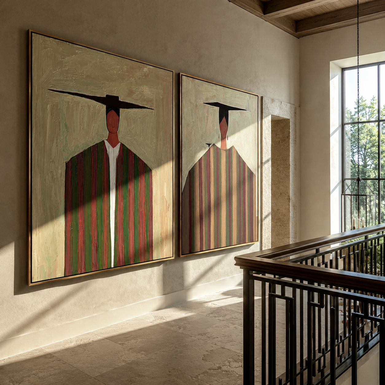 Dark Hats Stretch Lines - elongated cowboy portrait by Elliot Vale, modern figurative set of 2 wall art - styled room scene view 3