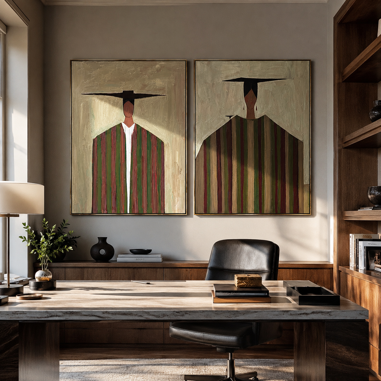 Dark Hats Stretch Lines - elongated cowboy portrait by Elliot Vale, modern figurative set of 2 wall art - styled room scene view 4
