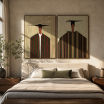 Dark Hats Stretch Lines - elongated cowboy portrait by Elliot Vale, modern figurative set of 2 wall art - styled room scene view 5
