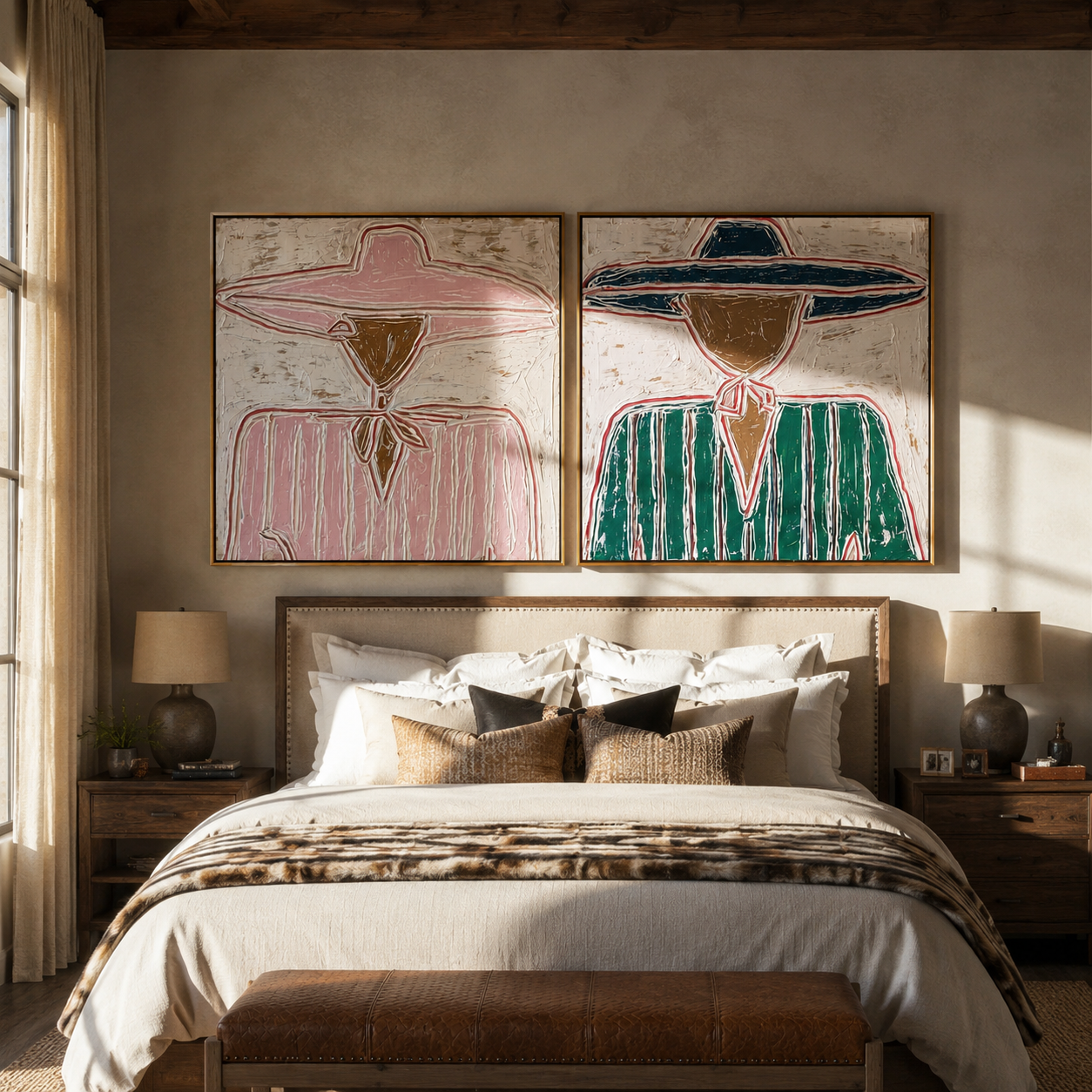 Pink Rims Meet Teal - outlined sombrero portrait by Elliot Vale, modern figurative set of 2 wall art - styled room scene view 1