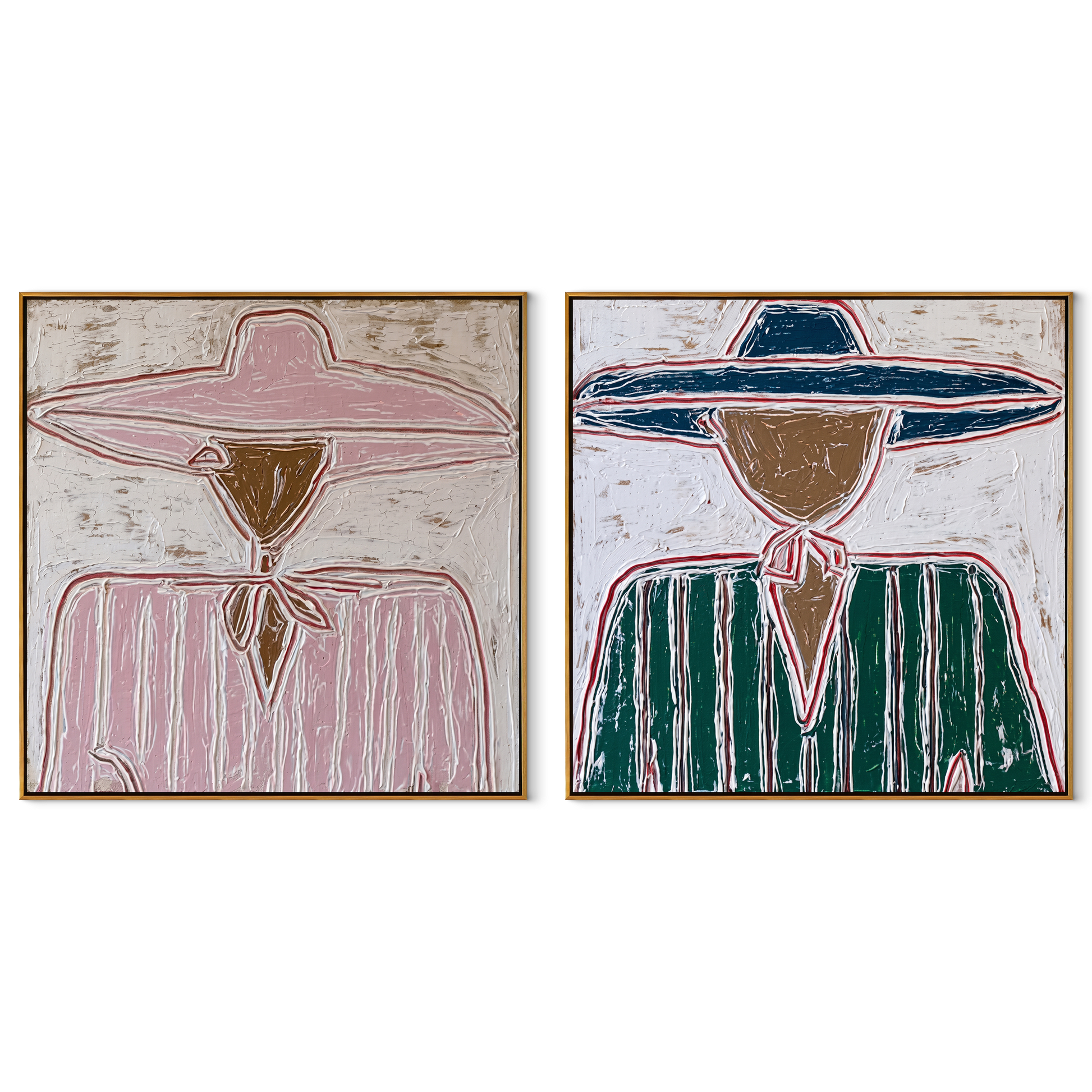 Pink Rims Meet Teal - outlined sombrero portrait by Elliot Vale, modern figurative set of 2 wall art - complete two-panel artwork set on white background