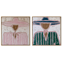 Pink Rims Meet Teal - outlined sombrero portrait by Elliot Vale, modern figurative set of 2 wall art - complete two-panel artwork set on white background