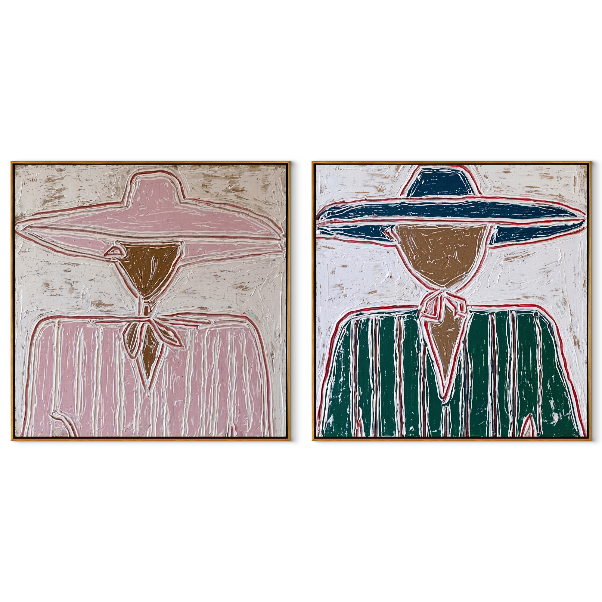 Pink Rims Meet Teal - outlined sombrero portrait by Elliot Vale, modern figurative set of 2 wall art - complete two-panel artwork set on white background