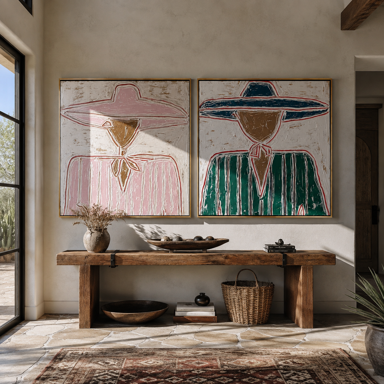 Pink Rims Meet Teal - outlined sombrero portrait by Elliot Vale, modern figurative set of 2 wall art - styled room scene view 2