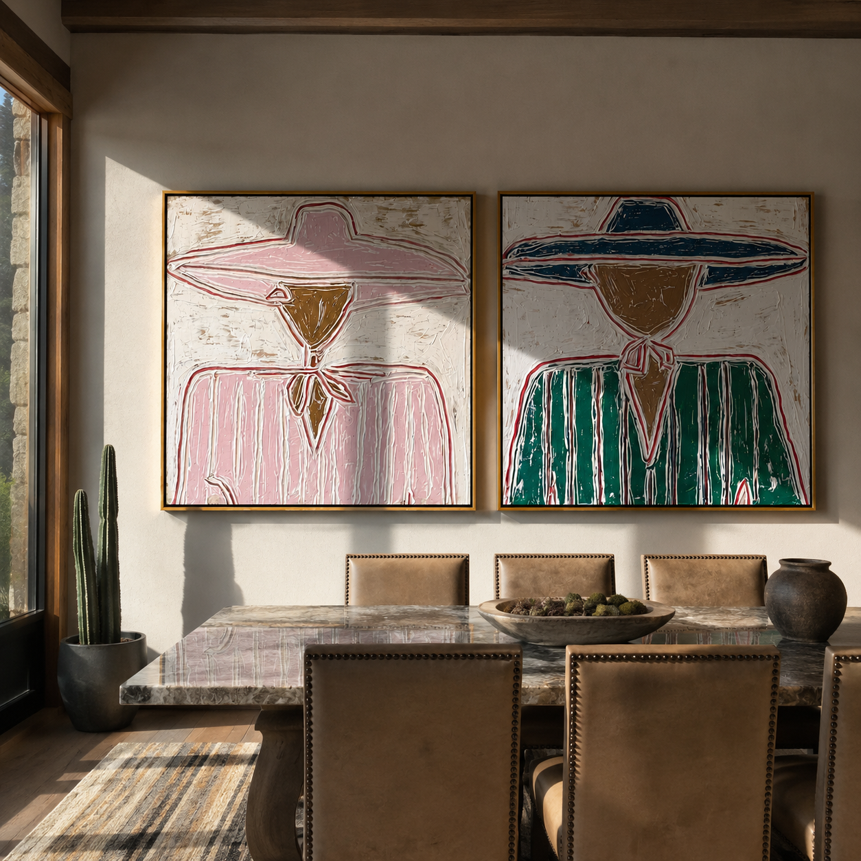 Pink Rims Meet Teal - outlined sombrero portrait by Elliot Vale, modern figurative set of 2 wall art - styled room scene view 3
