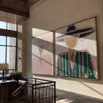 Pink Rims Meet Teal - outlined sombrero portrait by Elliot Vale, modern figurative set of 2 wall art - styled room scene view 4
