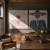 Pink Rims Meet Teal - outlined sombrero portrait by Elliot Vale, modern figurative set of 2 wall art - styled room scene view 5