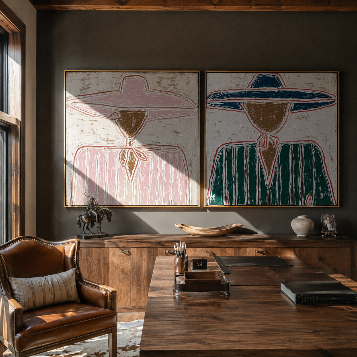 Pink Rims Meet Teal - outlined sombrero portrait by Elliot Vale, modern figurative set of 2 wall art - styled room scene view 5