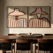 Blush Hats Share Stripes - soft pink Western portrait by Elliot Vale, modern figurative set of 2 wall art - styled room scene view 1