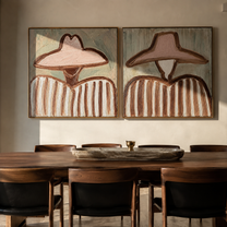 Blush Hats Share Stripes - soft pink Western portrait by Elliot Vale, modern figurative set of 2 wall art - styled room scene view 1