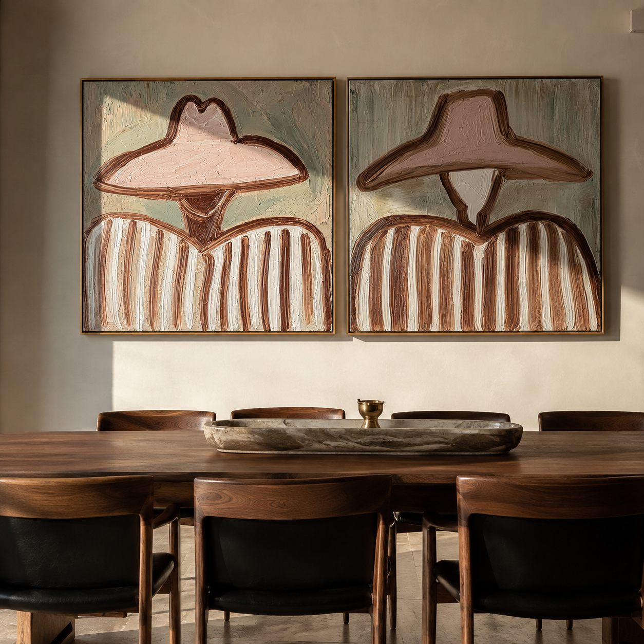 Blush Hats Share Stripes - soft pink Western portrait by Elliot Vale, modern figurative set of 2 wall art - styled room scene view 1