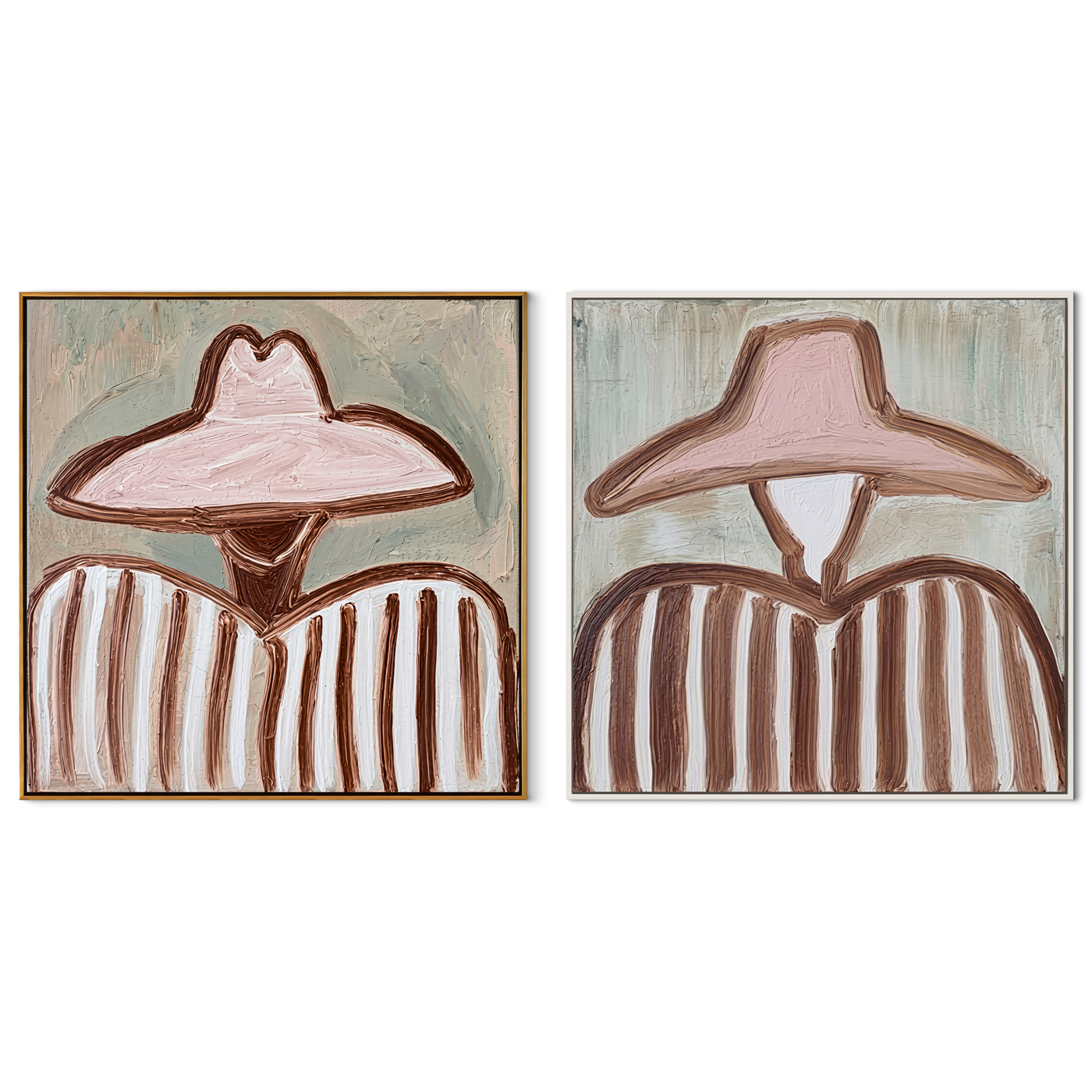 Blush Hats Share Stripes - soft pink Western portrait by Elliot Vale, modern figurative set of 2 wall art - complete two-panel artwork set on white background