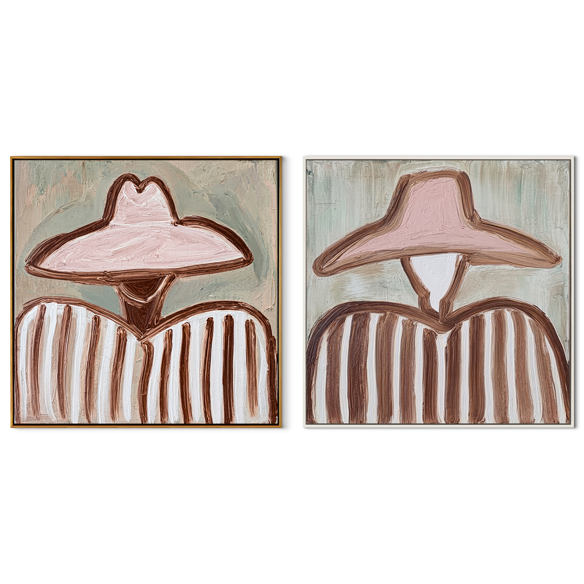 Blush Hats Share Stripes - soft pink Western portrait by Elliot Vale, modern figurative set of 2 wall art - complete two-panel artwork set on white background