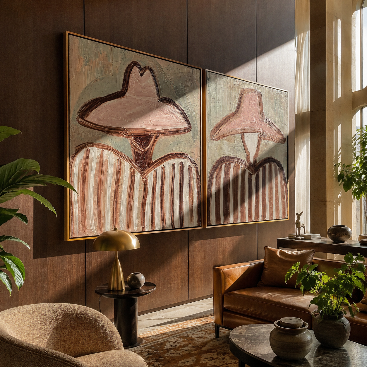 Blush Hats Share Stripes - soft pink Western portrait by Elliot Vale, modern figurative set of 2 wall art - styled room scene view 2