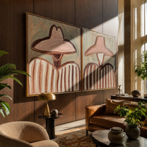 Blush Hats Share Stripes - soft pink Western portrait by Elliot Vale, modern figurative set of 2 wall art - styled room scene view 2