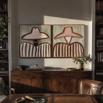 Blush Hats Share Stripes - soft pink Western portrait by Elliot Vale, modern figurative set of 2 wall art - styled room scene view 3