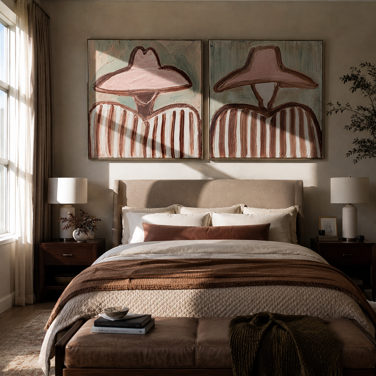 Blush Hats Share Stripes - soft pink Western portrait by Elliot Vale, modern figurative set of 2 wall art - styled room scene view 4