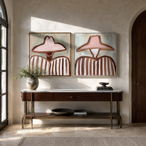 Blush Hats Share Stripes - soft pink Western portrait by Elliot Vale, modern figurative set of 2 wall art - styled room scene view 5
