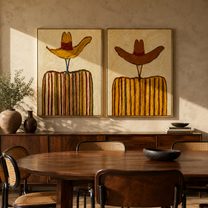 Yellow Brims Hold Earth - golden striped cowboy by Elliot Vale, modern figurative set of 2 wall art - styled room scene view 1