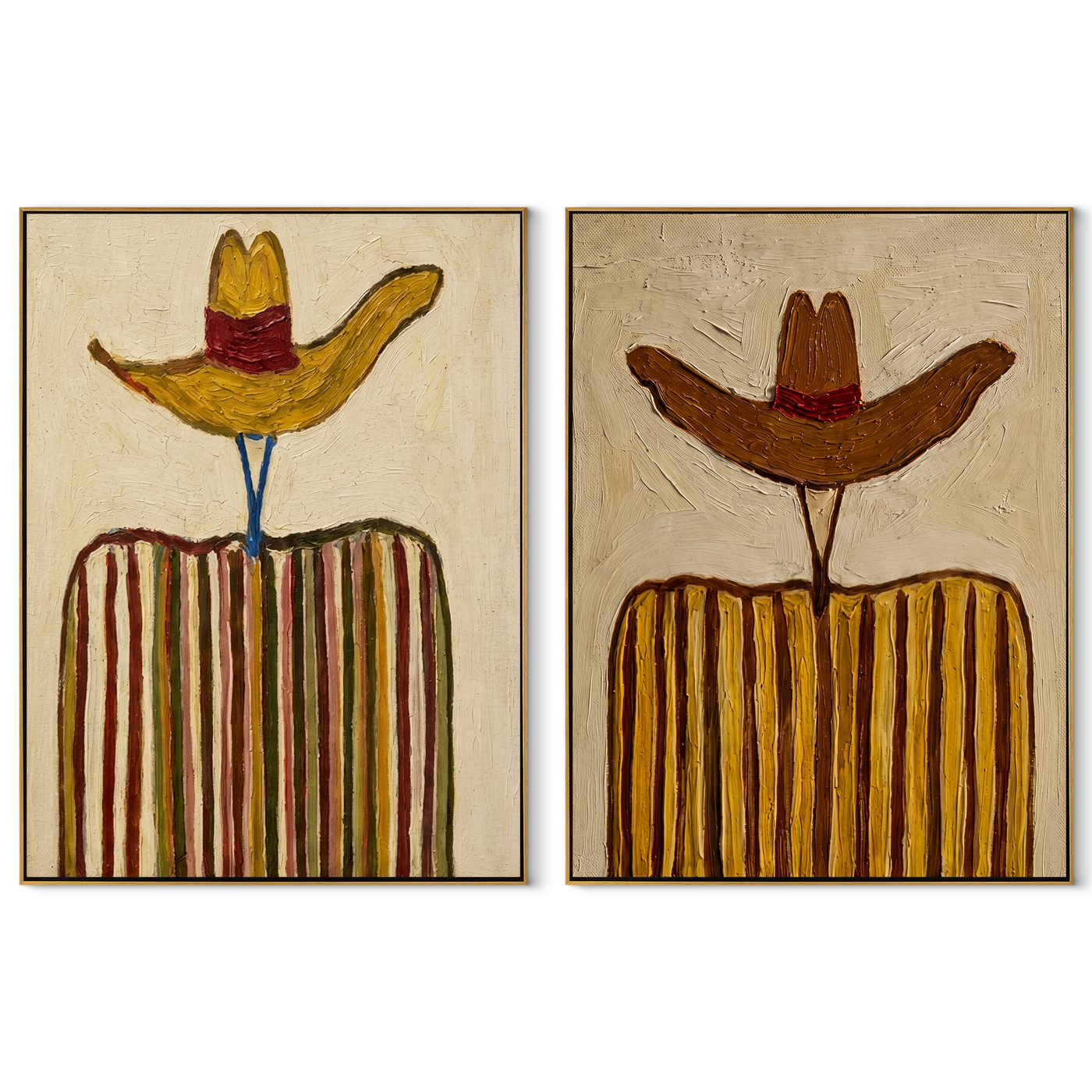 Yellow Brims Hold Earth - golden striped cowboy by Elliot Vale, modern figurative set of 2 wall art - complete two-panel artwork set on white background