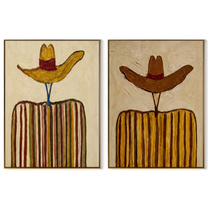 Yellow Brims Hold Earth - golden striped cowboy by Elliot Vale, modern figurative set of 2 wall art - complete two-panel artwork set on white background