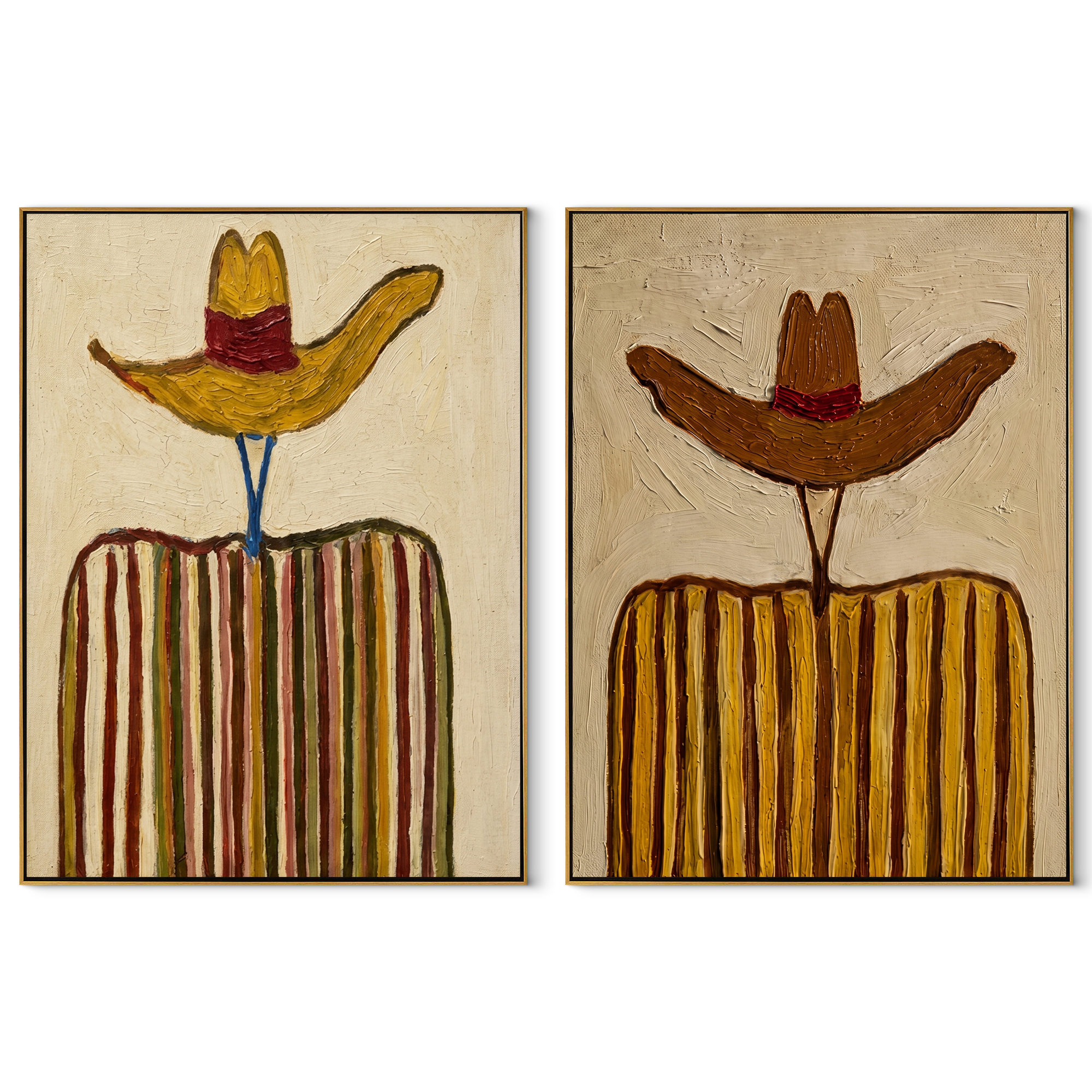 Yellow Brims Hold Earth - golden striped cowboy by Elliot Vale, modern figurative set of 2 wall art - complete two-panel artwork set on white background