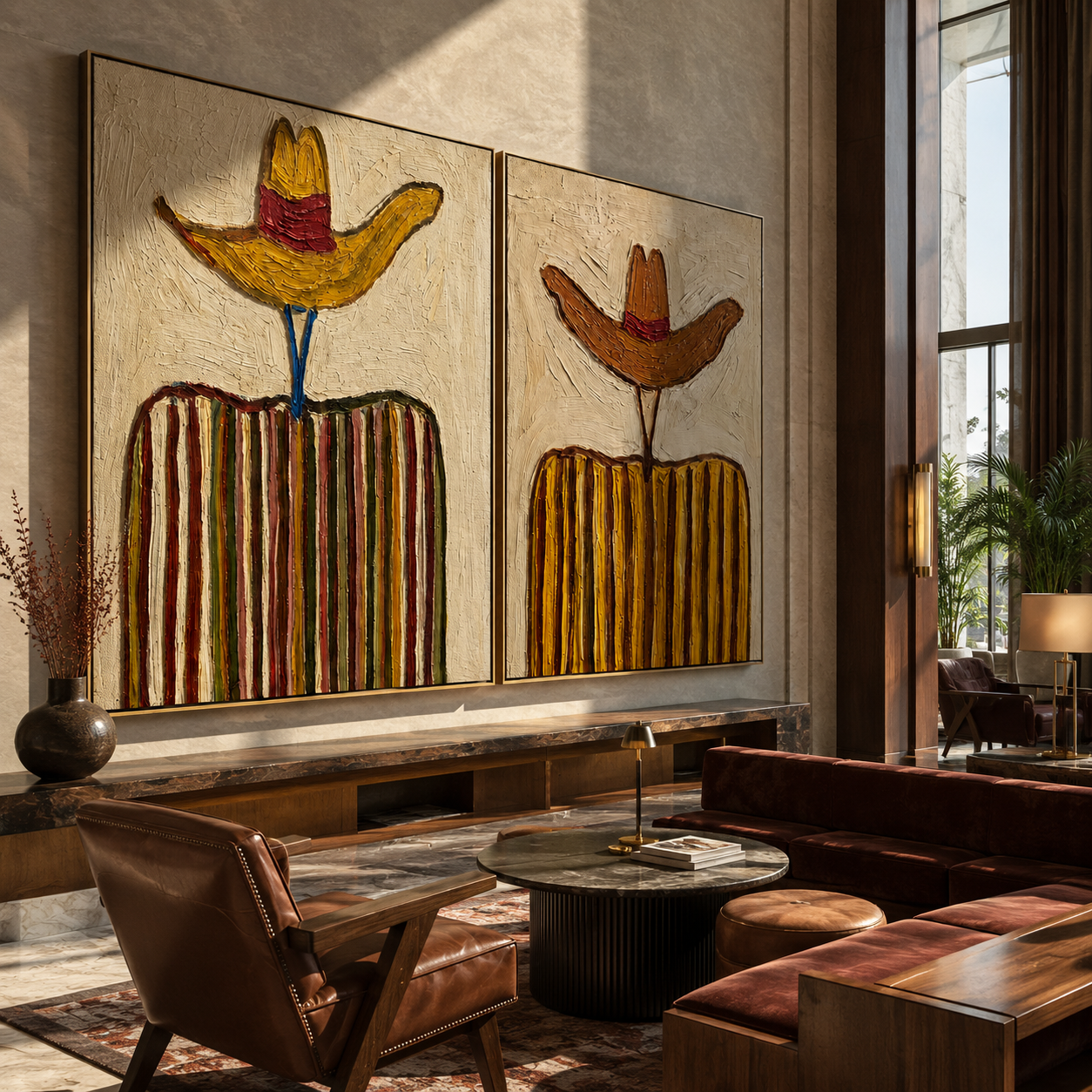 Yellow Brims Hold Earth - golden striped cowboy by Elliot Vale, modern figurative set of 2 wall art - styled room scene view 2