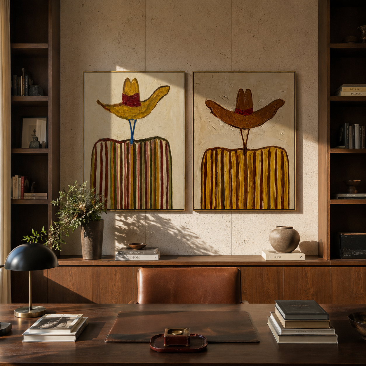 Yellow Brims Hold Earth - golden striped cowboy by Elliot Vale, modern figurative set of 2 wall art - styled room scene view 3