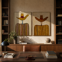 Yellow Brims Hold Earth - golden striped cowboy by Elliot Vale, modern figurative set of 2 wall art - styled room scene view 3