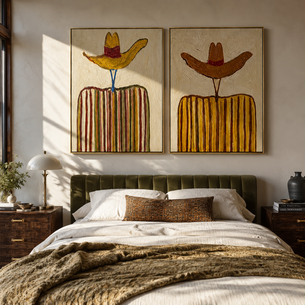 Yellow Brims Hold Earth - golden striped cowboy by Elliot Vale, modern figurative set of 2 wall art - styled room scene view 4