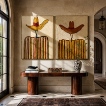 Yellow Brims Hold Earth - golden striped cowboy by Elliot Vale, modern figurative set of 2 wall art - styled room scene view 5