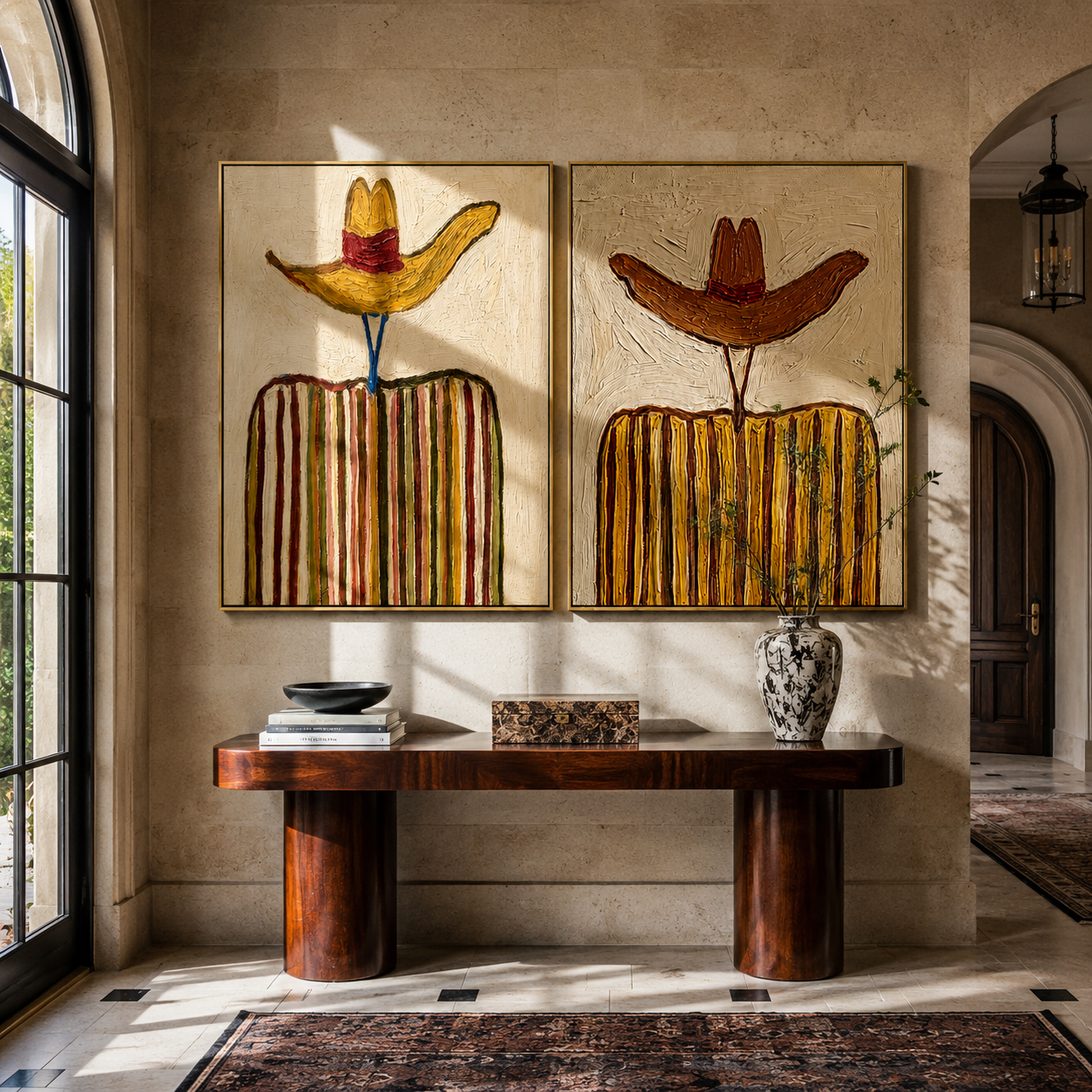 Yellow Brims Hold Earth - golden striped cowboy by Elliot Vale, modern figurative set of 2 wall art - styled room scene view 5