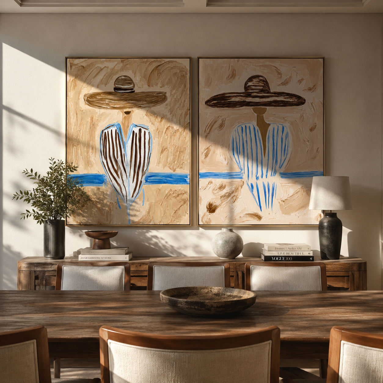 Blue River Splits Silence - river stripe portrait by Elliot Vale, modern figurative set of 2 wall art - styled room scene view 1