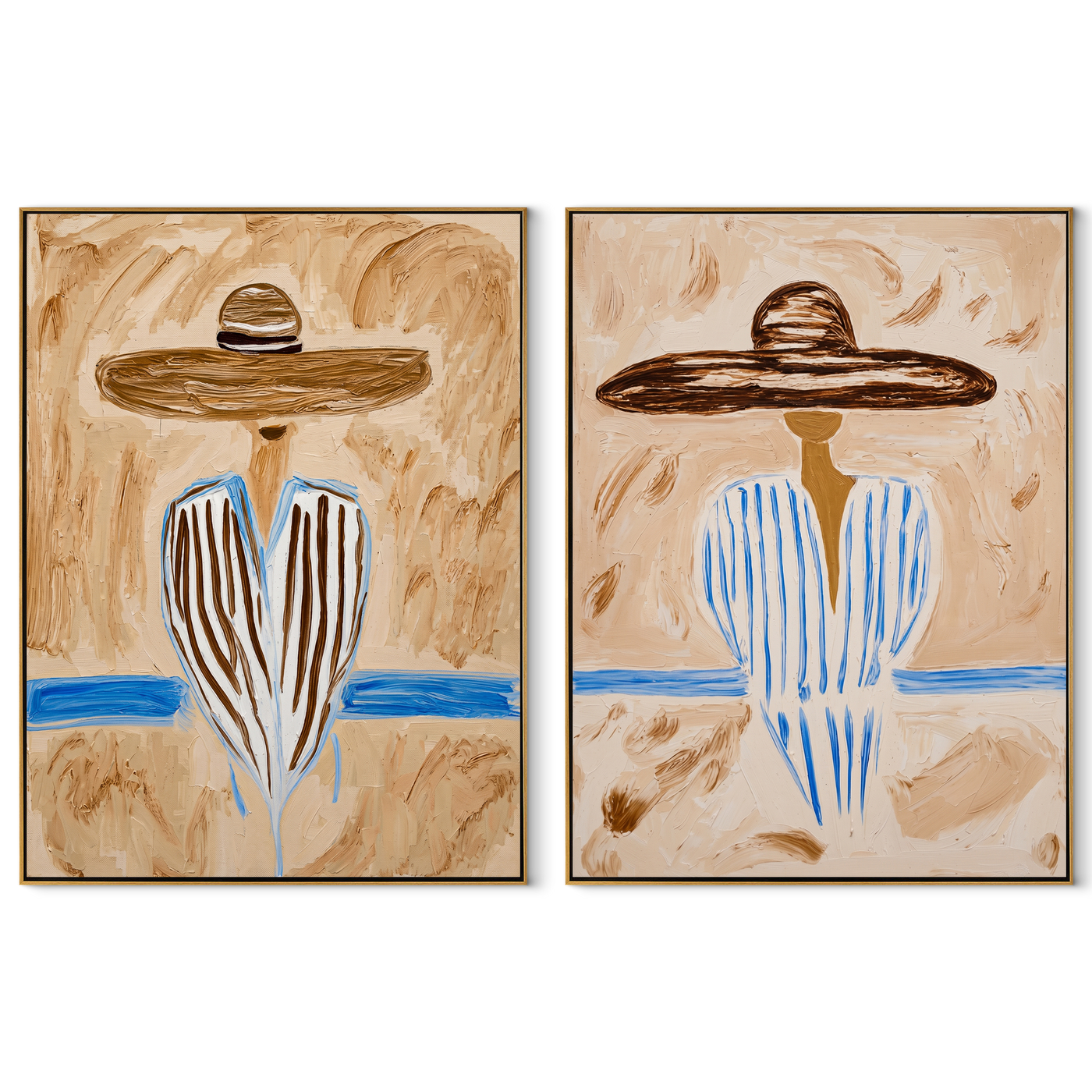 Blue River Splits Silence - river stripe portrait by Elliot Vale, modern figurative set of 2 wall art - complete two-panel artwork set on white background
