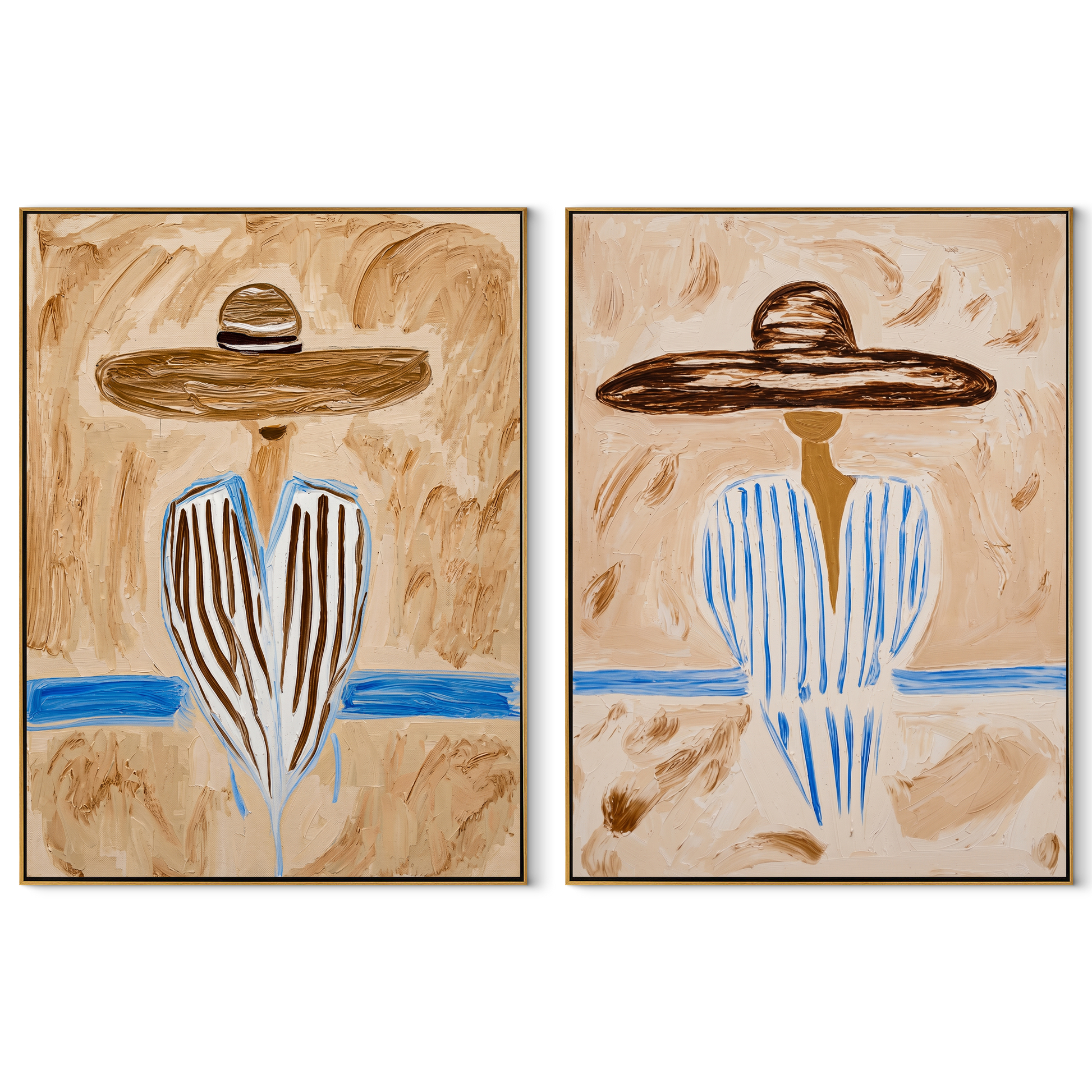 Blue River Splits Silence - river stripe portrait by Elliot Vale, modern figurative set of 2 wall art - complete two-panel artwork set on white background