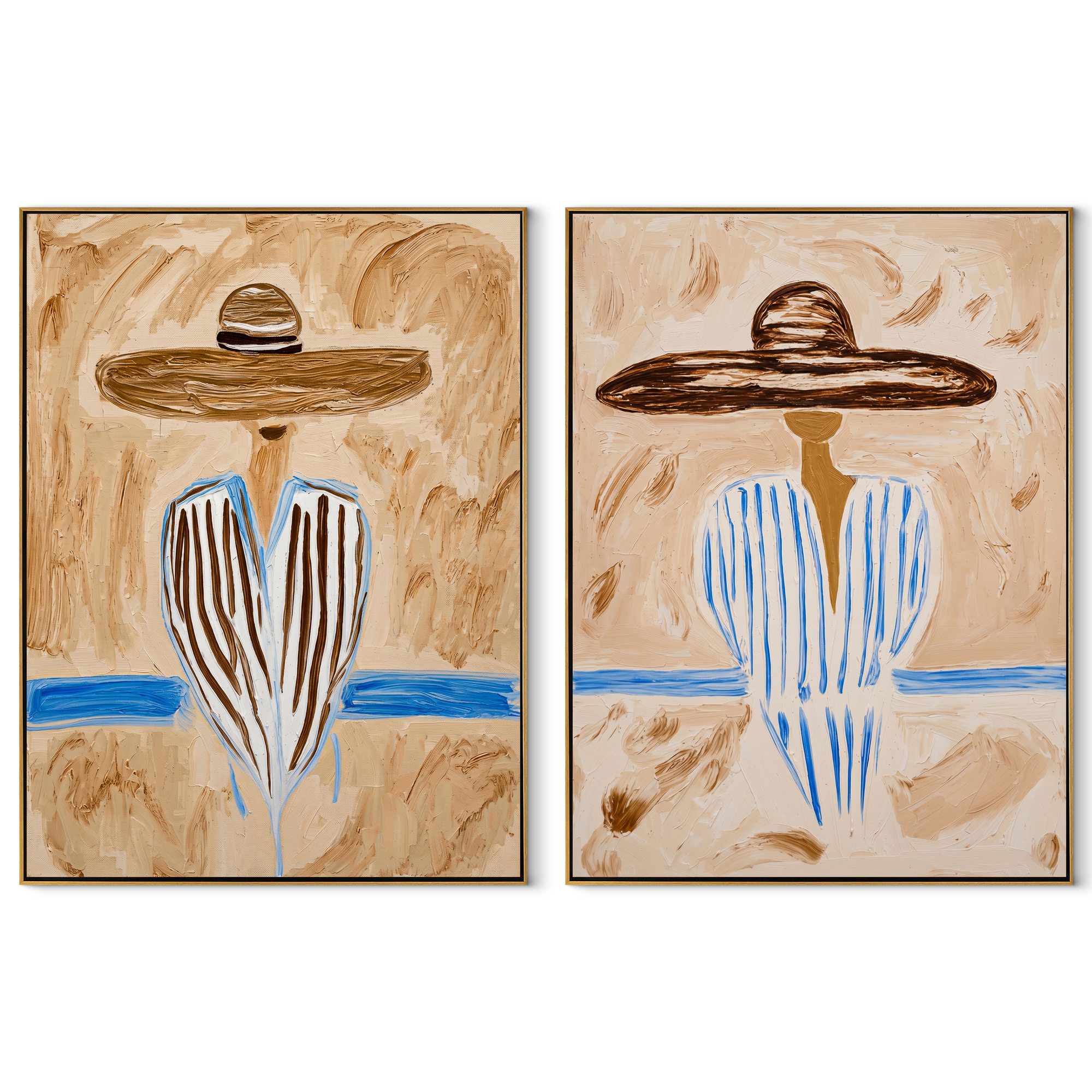 Blue River Splits Silence - river stripe portrait by Elliot Vale, modern figurative set of 2 wall art - complete two-panel artwork set on white background