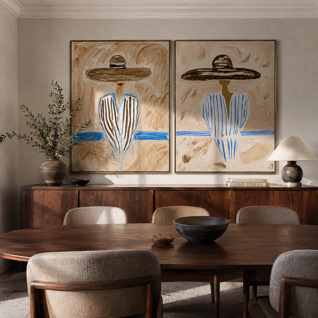 Blue River Splits Silence - river stripe portrait by Elliot Vale, modern figurative set of 2 wall art - styled room scene view 2