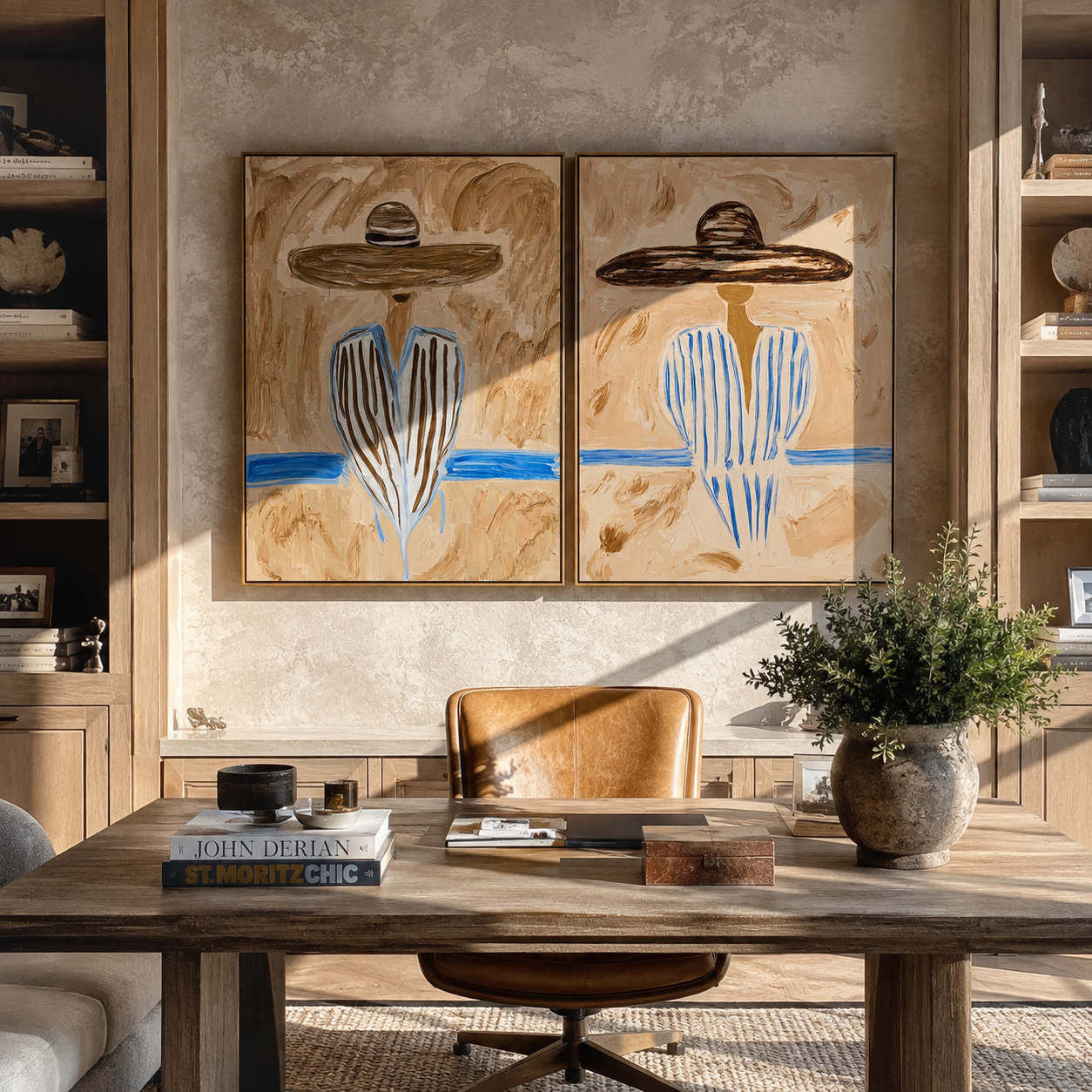 Blue River Splits Silence - river stripe portrait by Elliot Vale, modern figurative set of 2 wall art - styled room scene view 3