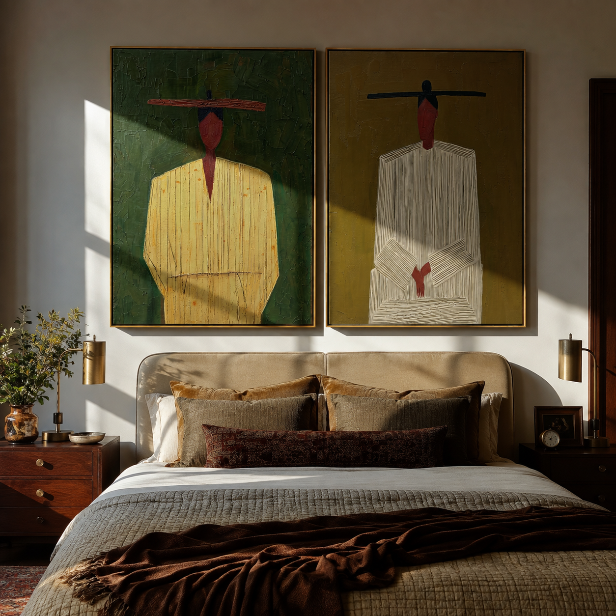 Green Suits Wait Apart - minimal suited figures by Elliot Vale, modern figurative set of 2 wall art - styled room scene view 1