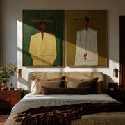 Green Suits Wait Apart - minimal suited figures by Elliot Vale, modern figurative set of 2 wall art - styled room scene view 1