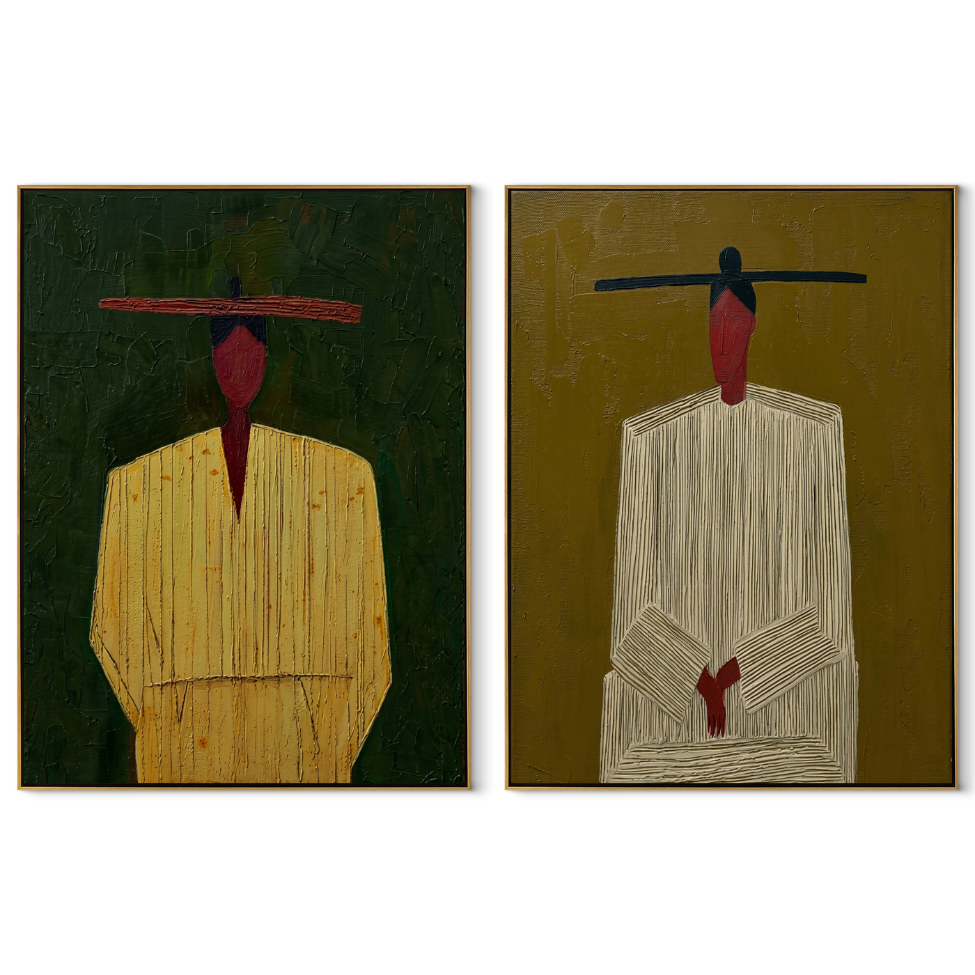 Green Suits Wait Apart - minimal suited figures by Elliot Vale, modern figurative set of 2 wall art - complete two-panel artwork set on white background