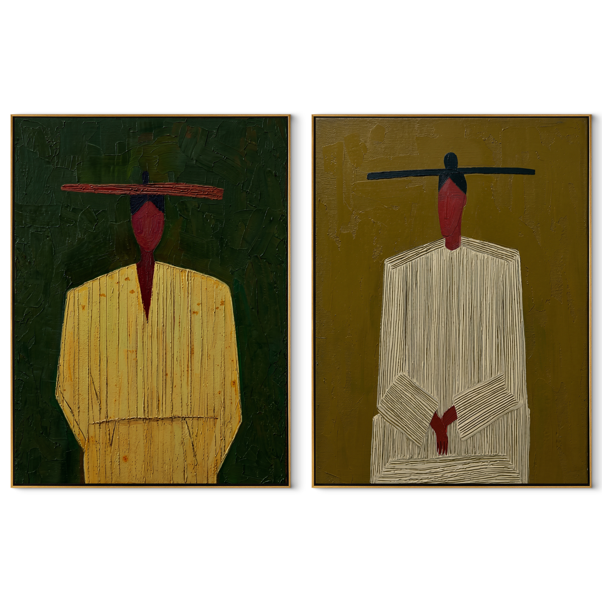 Green Suits Wait Apart - minimal suited figures by Elliot Vale, modern figurative set of 2 wall art - complete two-panel artwork set on white background
